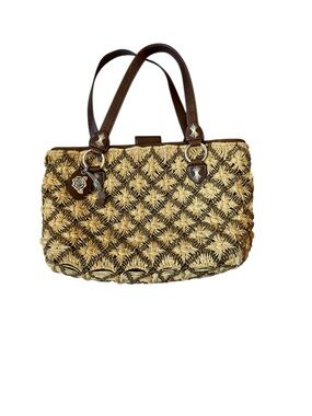 Brighton, macrame  jute, straw rattan woven,  leather satchel tote bag